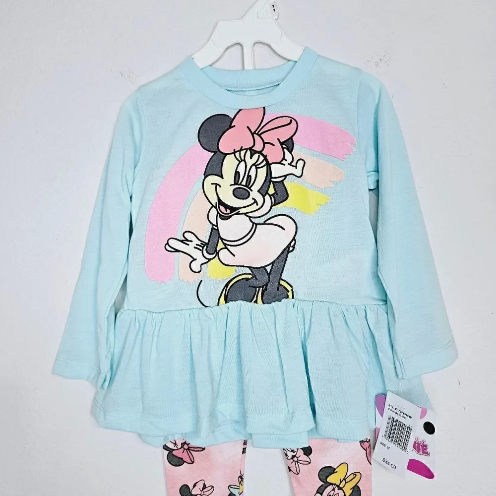 New! Disney Minnie Mouse 2 Piece Long Sleeve Ruffle Top Legging Baby Toddler Set